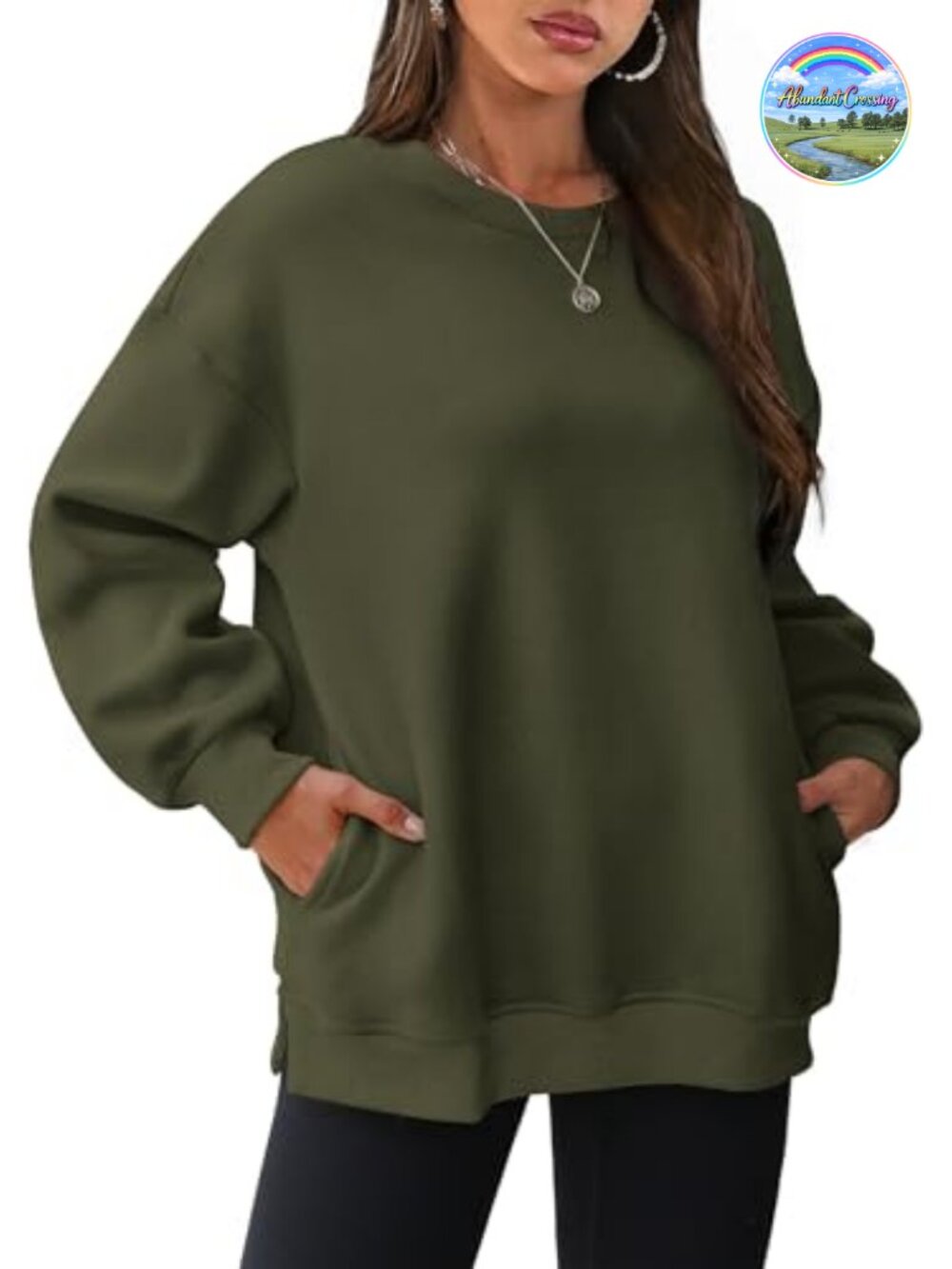 Oversized Crewneck Fleece Sweatshirt Pullover with Side Slits & Hidden Pockets